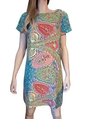 Talbots 100% Silk Shift Dress Colourful Print Short Sleeve NWOT